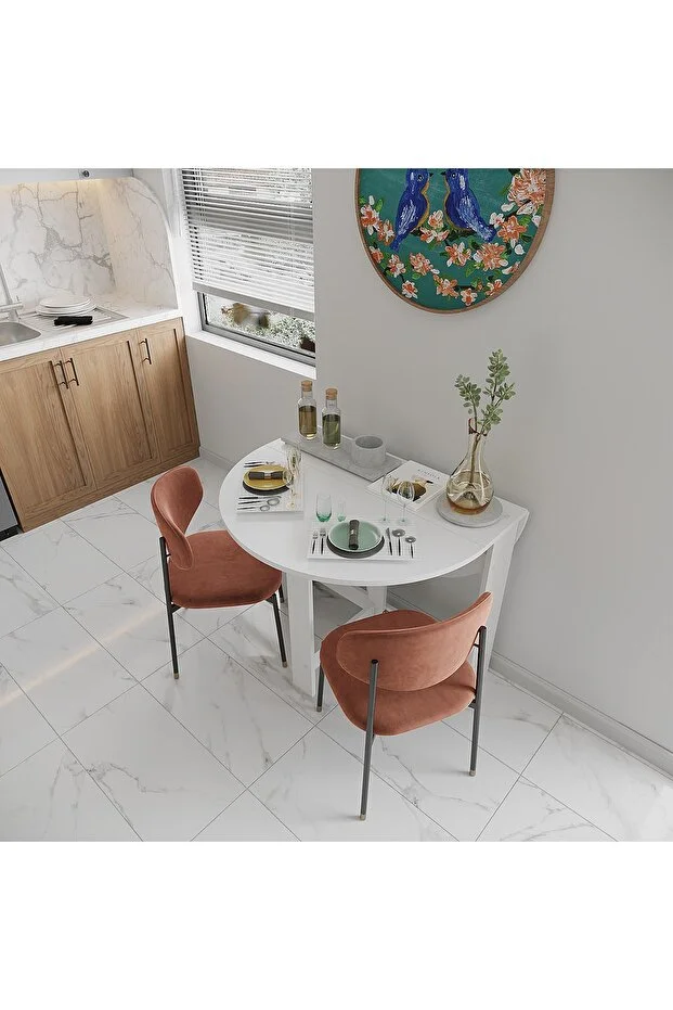 Pratik Katlanır - Açılır Kapanır Yuvarlak Mutfak Yemek Çalışma Masası - 6 Kişilik - %100 MDF